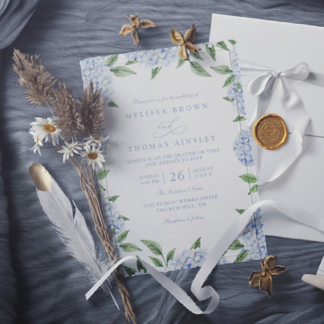 Invitation Mariage élégant avec code QR et bordure d'hortensi (Créateur téléchargé)