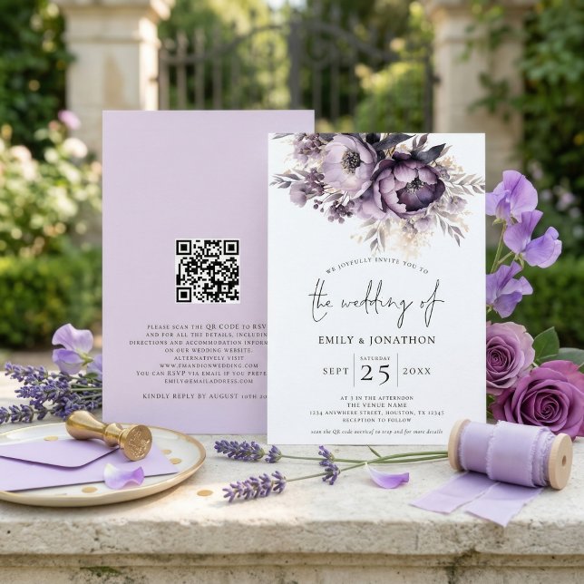 Invitation Mariage élégant avec code QR et florales de lilas  (Créateur téléchargé)
