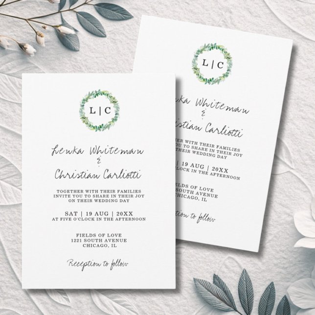 Invitation Mariage élégant avec code QR et monogramme de verd (Créateur téléchargé)