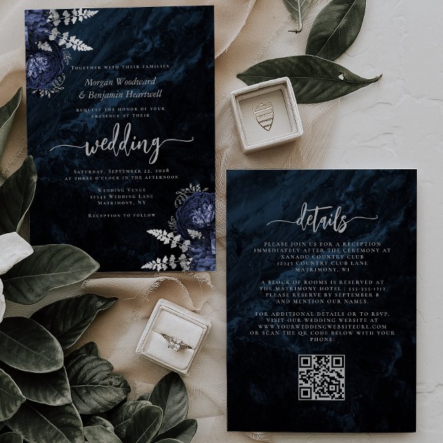 Invitation Mariage élégant avec code QR floral bleu marine ar (Créateur téléchargé)