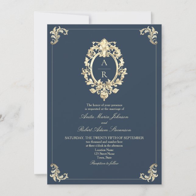 Invitation Mariage élégant avec code QR Navy (Devant)
