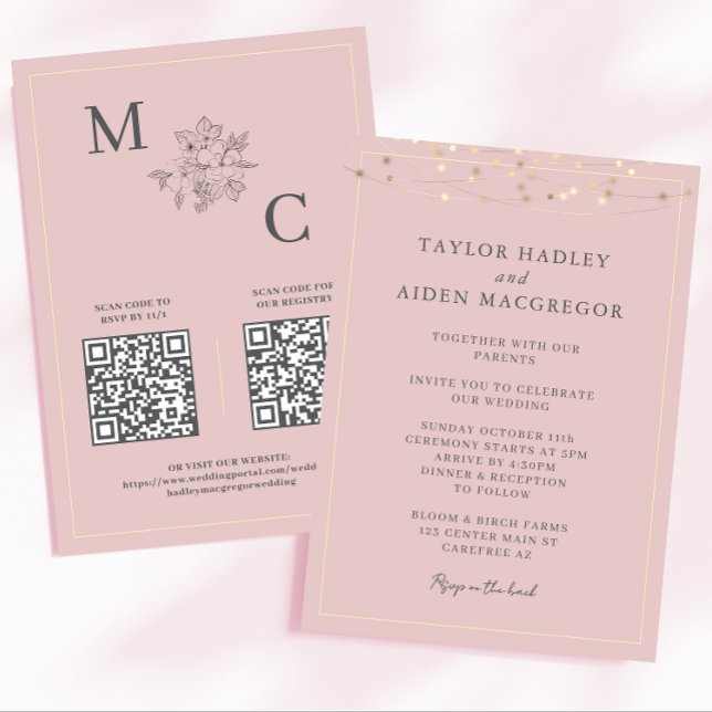Invitation Mariage élégant avec code QR Rose Pâle (Créateur téléchargé)