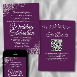 Invitation Mariage élégant avec code QR Violet et Argent