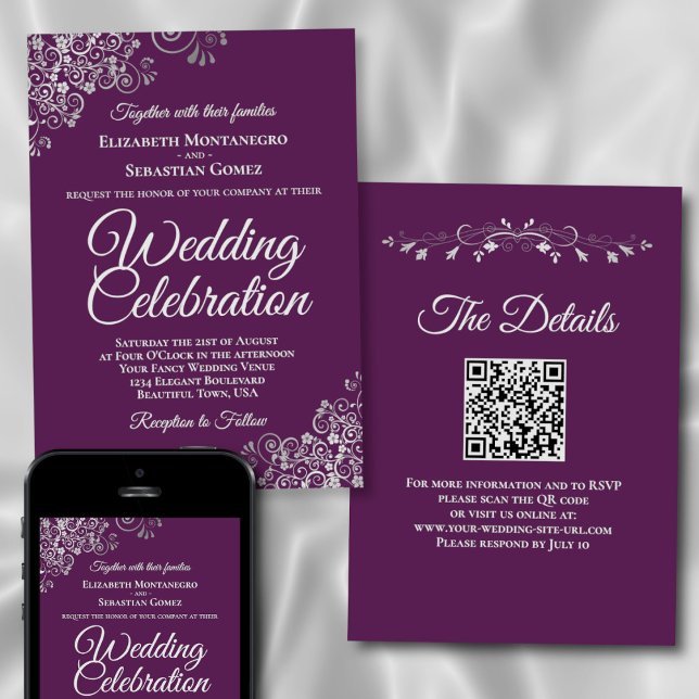 Invitation Mariage élégant avec code QR Violet et Argent (Front/Back/Downloadable)