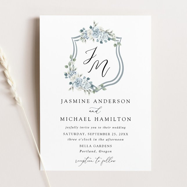 Invitation Mariage Élégant avec Couronne Florale Bleu Poussié (Créateur téléchargé)