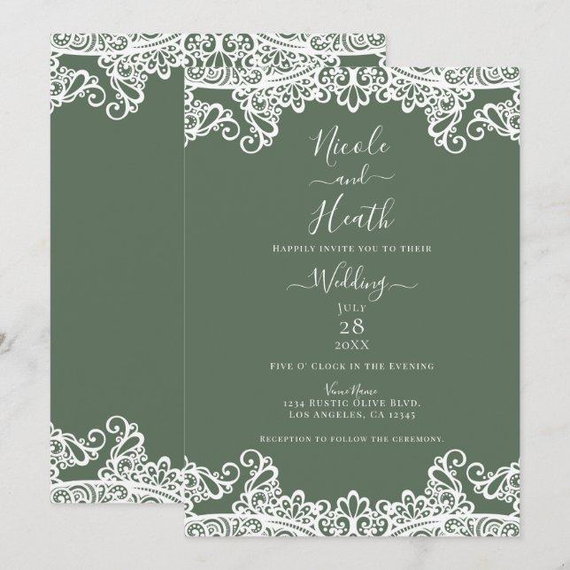 Invitation Mariage Élégant avec Dentelle Blanche et Olive Rus (Devant / Derrière)