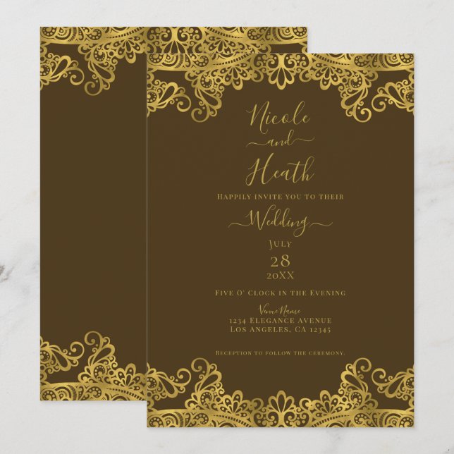 Invitation Mariage Élégant avec Dentelle Marron et Or (Devant / Derrière)