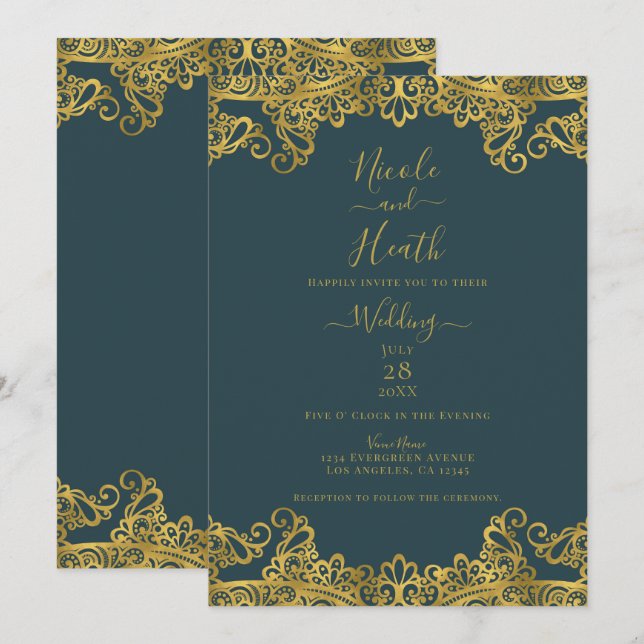 Invitation Mariage Élégant avec Dentelle Sarcelle Foncé et Or (Devant / Derrière)