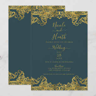 Invitation Mariage Élégant avec Dentelle Sarcelle Foncé et Or