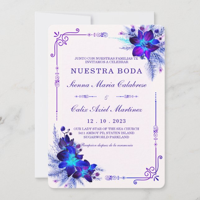 Invitation Mariage élégant avec des orchidées bleues et viole (Devant)