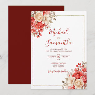 Invitation Mariage Élégant avec des Roses Rouges et Ivoire