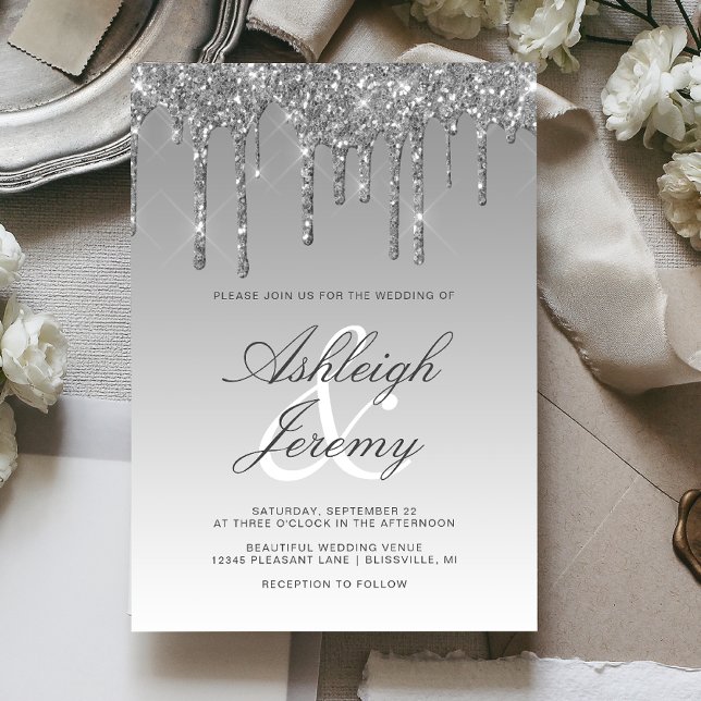 Invitation Mariage élégant avec écriture et paillettes argent (Créateur téléchargé)