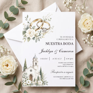 Invitation Mariage élégant avec Église, Anneaux dorés