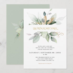 Invitation Mariage élégant avec eucalyptus et or 