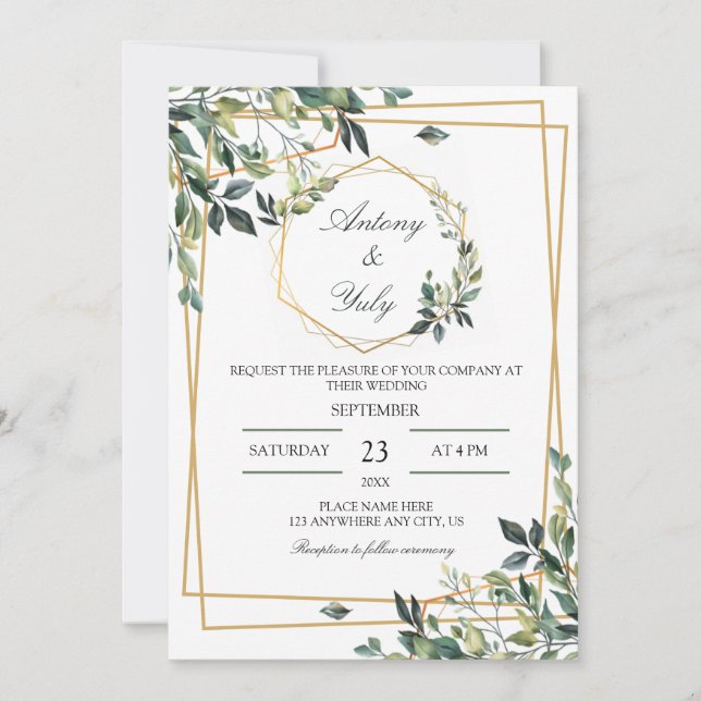 Invitation mariage élégant avec feuillage botanique chic (Devant)