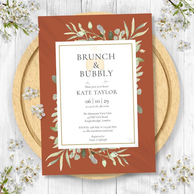 Invitation Mariage Élégant avec Feuillage et Bulles de Brunch (Brunch Bubbly Bridal Shower Greenery Terracotta Invitation)