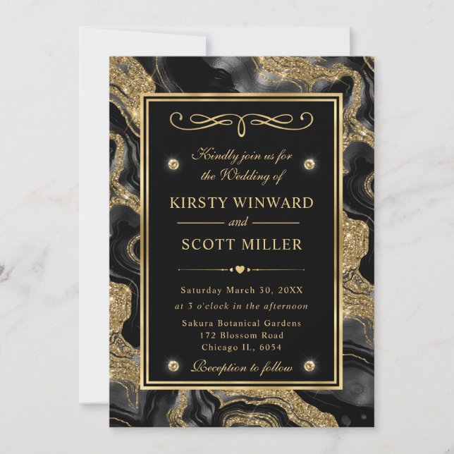 Invitation Mariage élégant avec feuille d'aluminium noire et  (Devant)