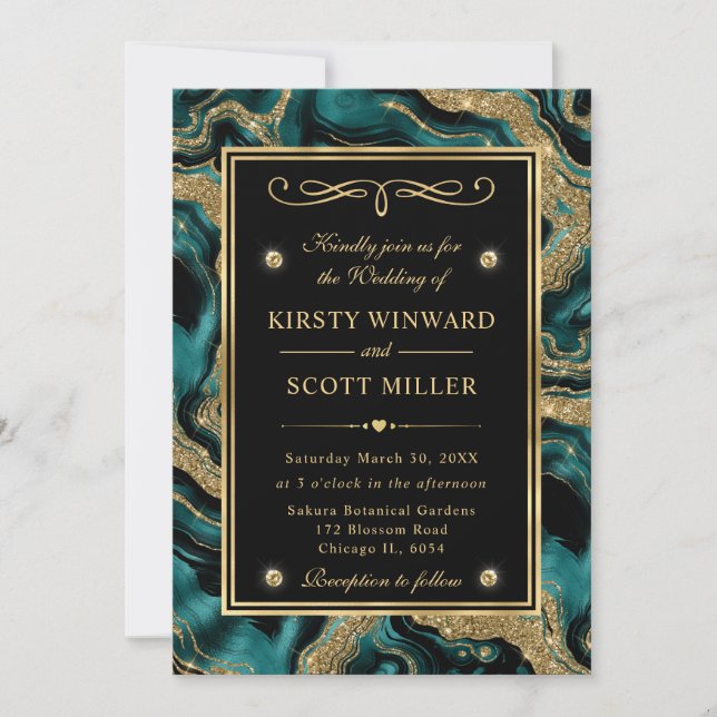 Invitation Mariage élégant avec feuille de teinte sarcelle et (Devant)