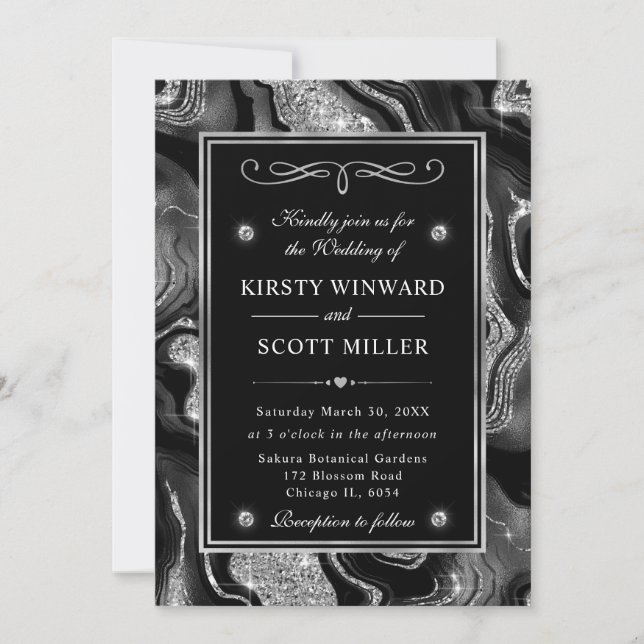 Invitation Mariage élégant avec feuille noire et agate à pail (Devant)