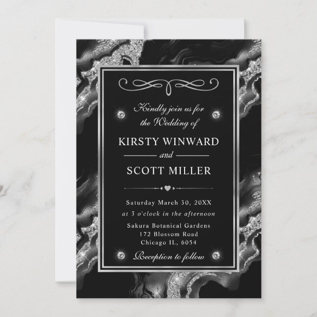 Invitation Mariage élégant avec feuille noire et agate à pail (Devant)