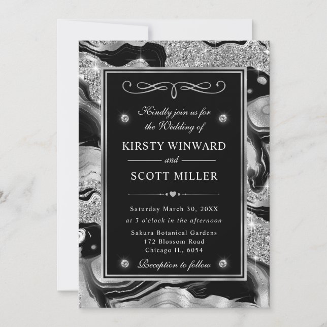 Invitation Mariage élégant avec feuille noire et paillettes a (Devant)