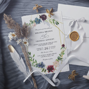 Invitation Mariage élégant avec fleurs bordeaux Code QR Budge
