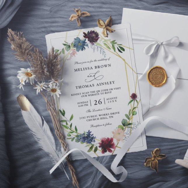 Invitation Mariage élégant avec fleurs bordeaux Code QR Budge (Créateur téléchargé)