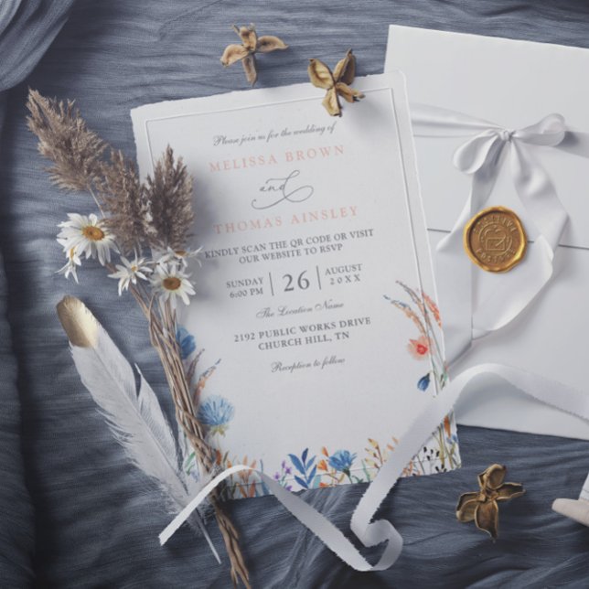 Invitation Mariage élégant avec fleurs sauvages bleues et ora (Créateur téléchargé)