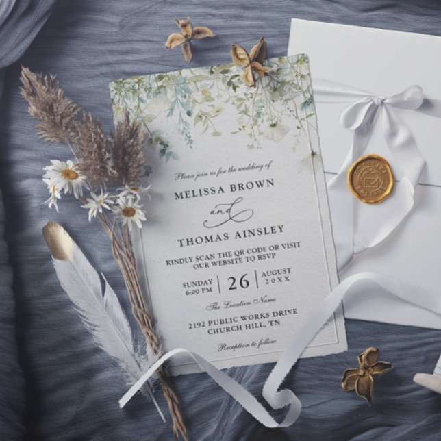 Invitation Mariage élégant avec fleurs sauvages et code QR ru (Créateur téléchargé)