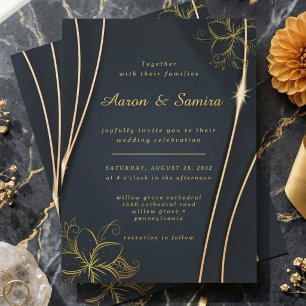 Invitation Mariage élégant avec ligne artistique florale or e