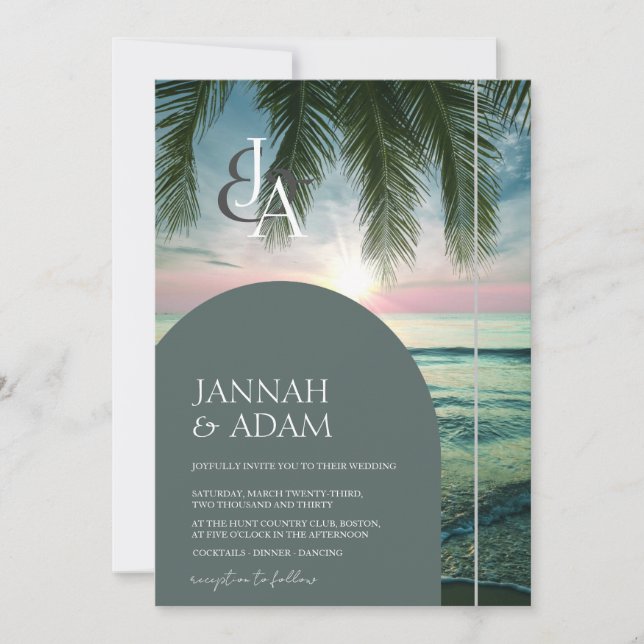 Invitation Mariage Élégant avec Monogramme au Coucher de Sole (Devant)