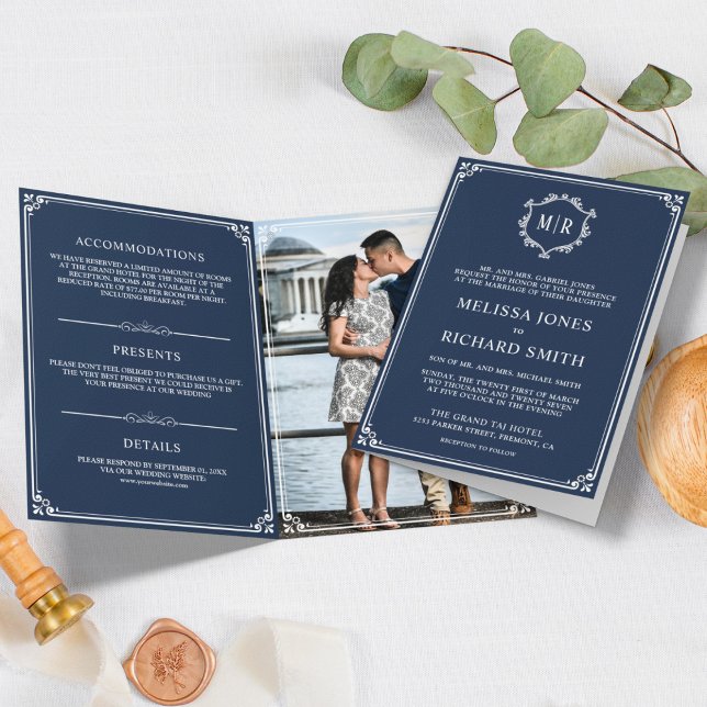 Invitation Mariage Élégant avec Monogramme Bleu Marine et Bla (Créateur téléchargé)