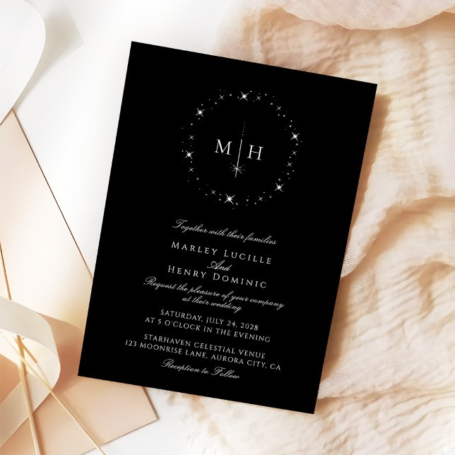 Invitation Mariage élégant avec monogramme céleste noir et bl (Créateur téléchargé)
