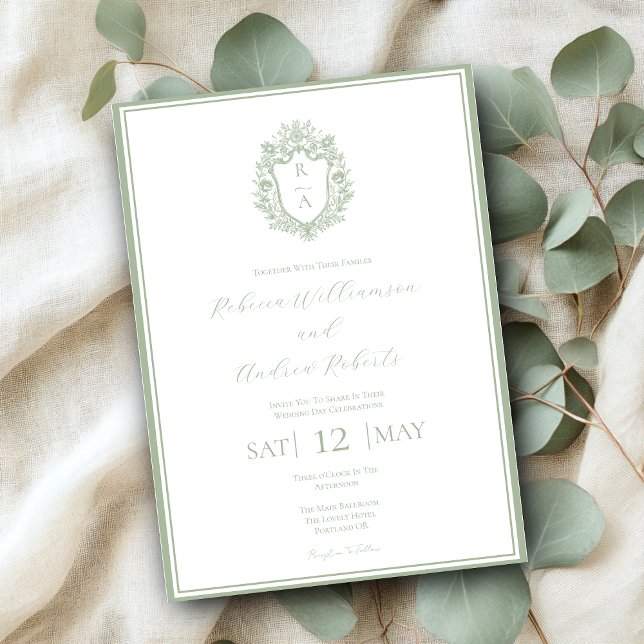 Invitation Mariage élégant avec monogramme de crête blanc et  (Créateur téléchargé)
