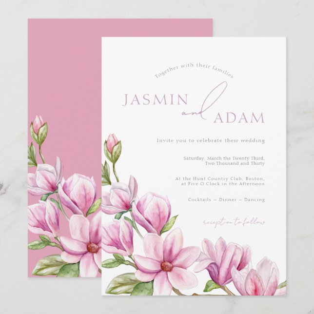Invitation Mariage Élégant avec Monogramme de Magnolia Rose (Devant / Derrière)