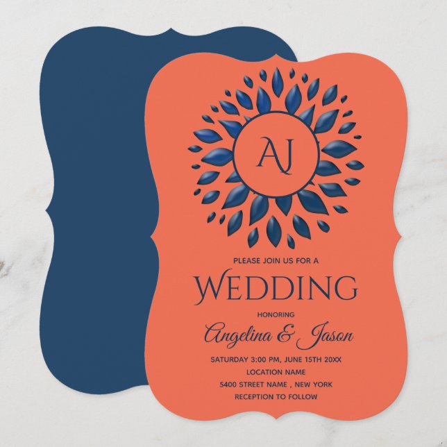 Invitation Mariage élégant avec monogramme, marine et corail (Devant / Derrière)