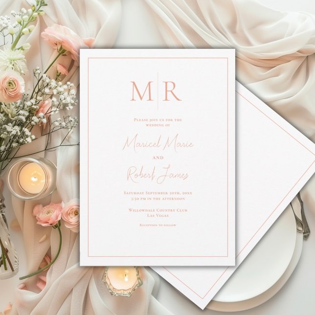 Invitation Mariage élégant avec monogramme moderne de pêche (Créateur téléchargé)