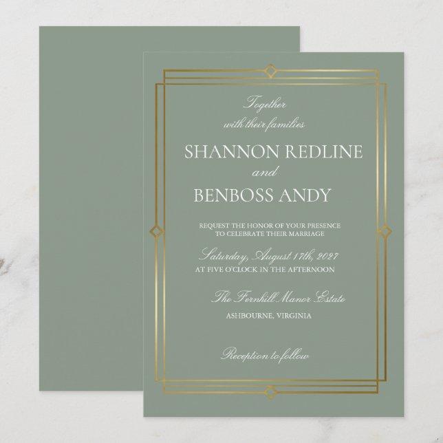 Invitation Mariage élégant avec monogramme vert sauge et or (Devant / Derrière)