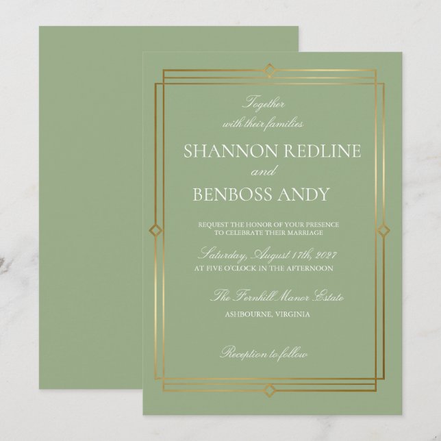 Invitation Mariage élégant avec monogramme vert sauge et or (Devant / Derrière)