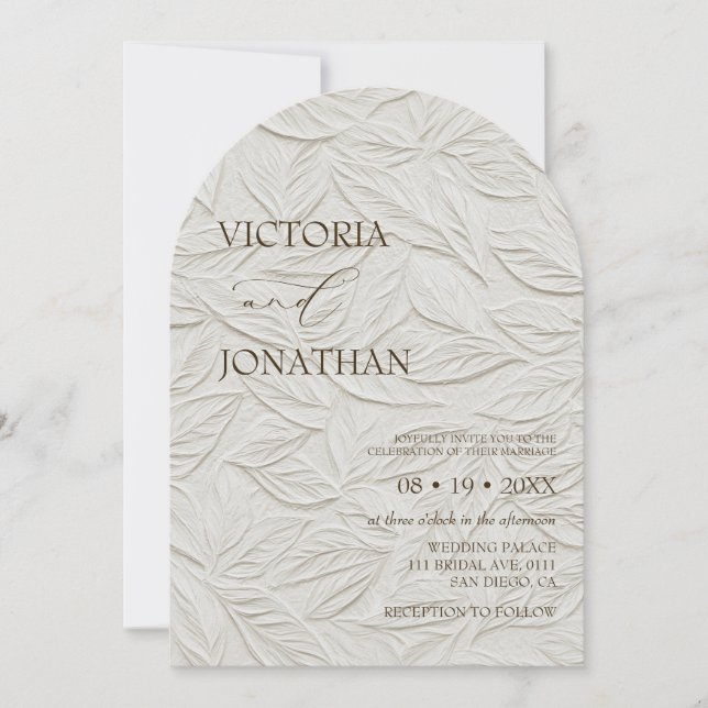 Invitation Mariage élégant avec motif de feuilles neutres  (Devant)