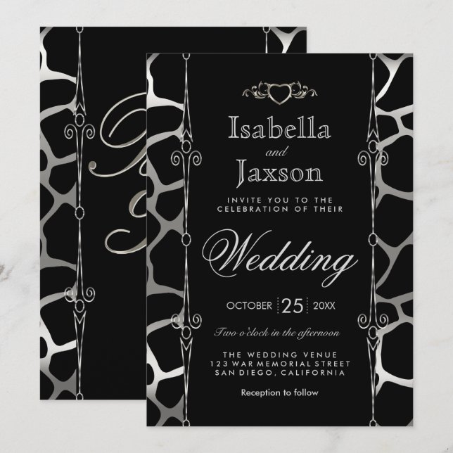 Invitation Mariage élégant avec motif de girafe noir et argen (Devant / Derrière)