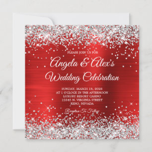 Invitation Mariage élégant avec paillettes d'argent et feuill