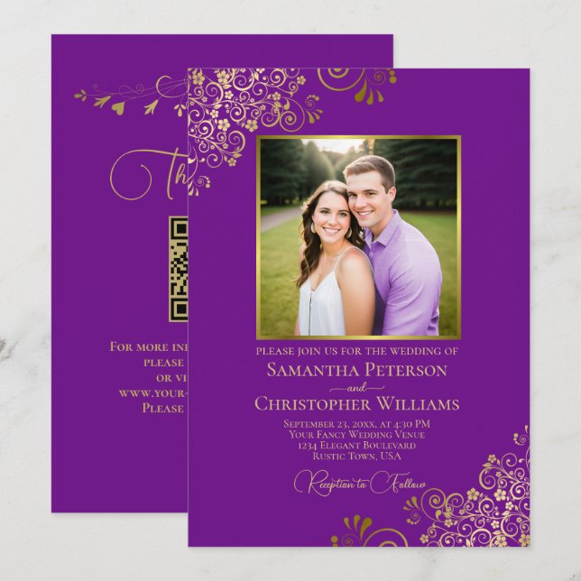 Invitation Mariage élégant avec photo et code QR violet et or (Devant / Derrière)