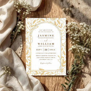Invitation Mariage élégant avec QR Code entouré de fleurs dor