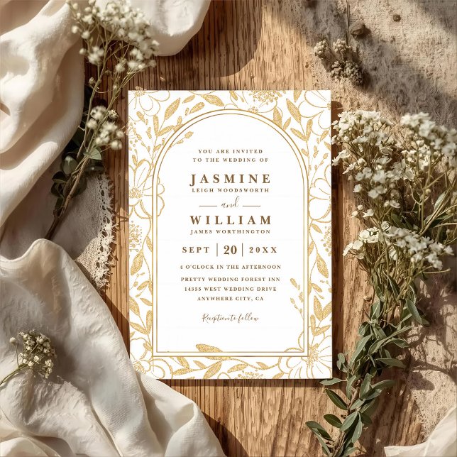 Invitation Mariage élégant avec QR Code entouré de fleurs dor (Créateur téléchargé)