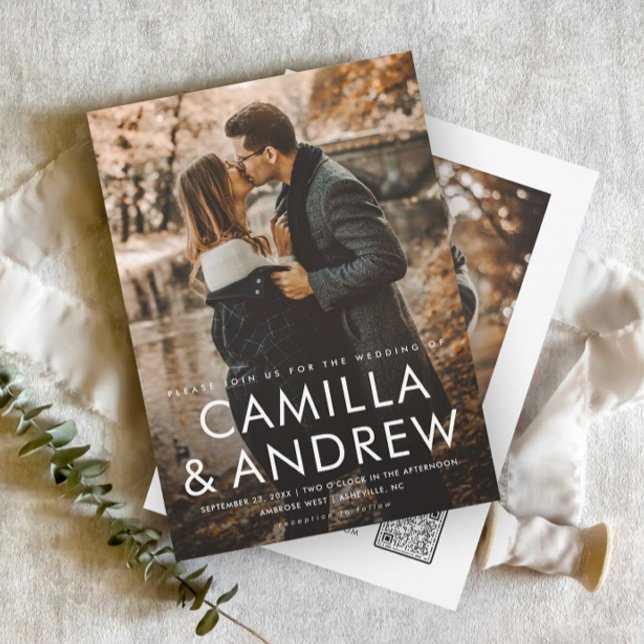 Invitation Mariage élégant avec QR code photo moderne (A minimal 2 photo wedding invitation with simple typographic overlay and QR Code rsvp on the back.)