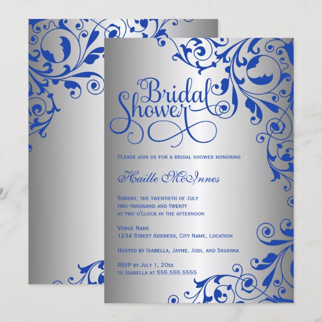 Invitation Mariage élégant avec tourbillons de bleu royal et  (Devant / Derrière)