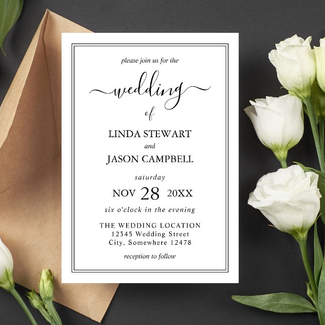 Invitation Mariage Élégant avec un Classique en Noir & Blanc (Elegant black and white script invitation sets a timeless tone for your wedding day.)