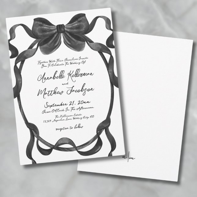 Invitation Mariage Élégant avec un Nœud Noir (Elegant Stylish Watercolor Black Bow Wedding Invitation)