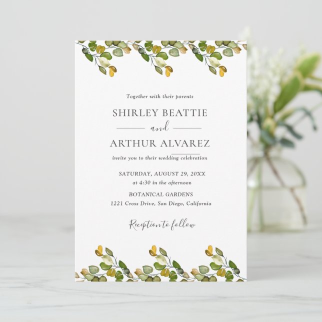 Invitation Mariage Élégant avec Verdure d'Eucalyptus (Debout devant)